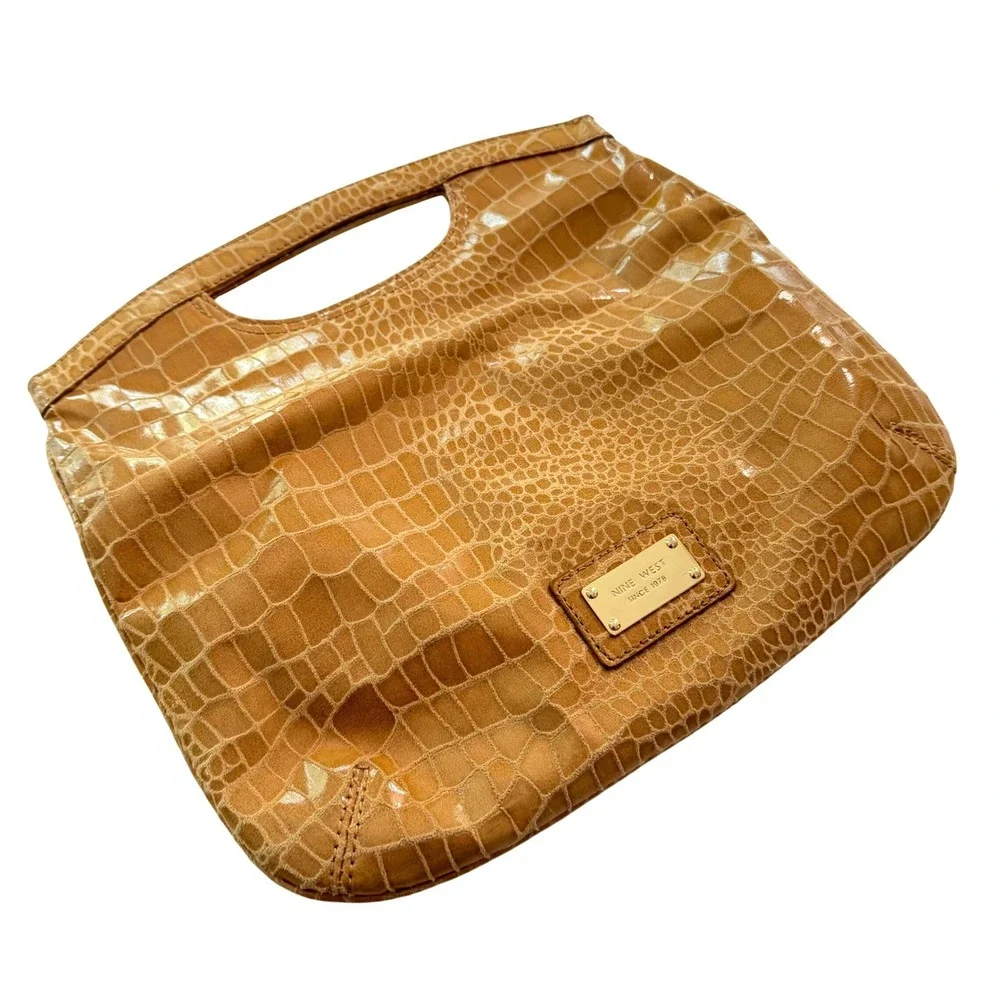 Nine West‎ Clutch Bag Women Tan Croc Embossed Foldover Classic Minimalist Preppy